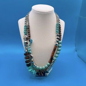 Turquoise Wood & Silver Beads Necklace